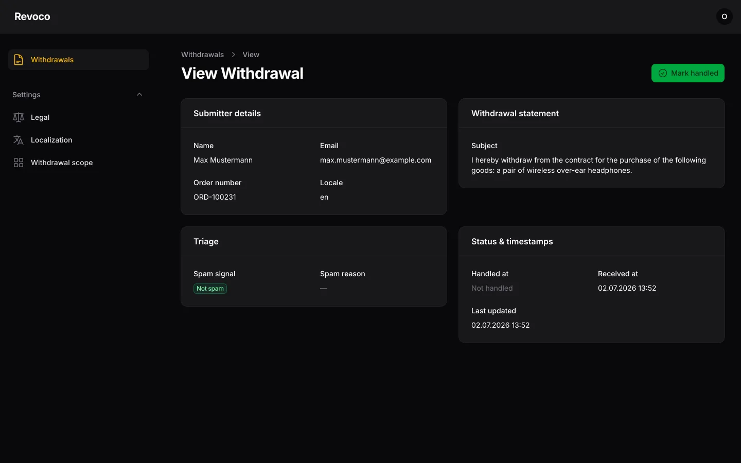 Operator panel: detail view of one withdrawal with submitter, statement, triage and status sections