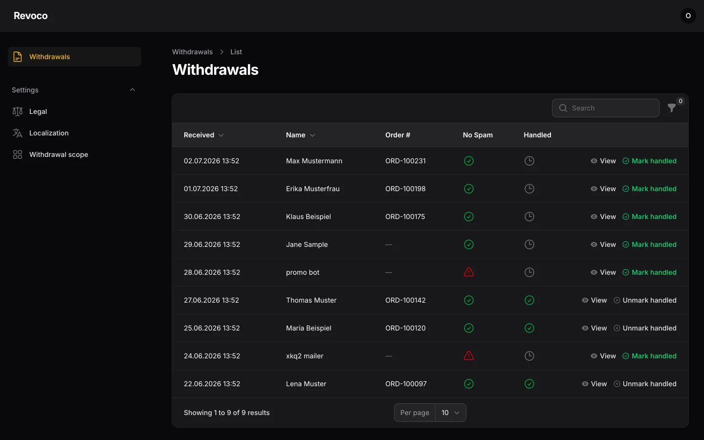 Operator panel: list of received withdrawals with received date, name, order number, spam and handled columns