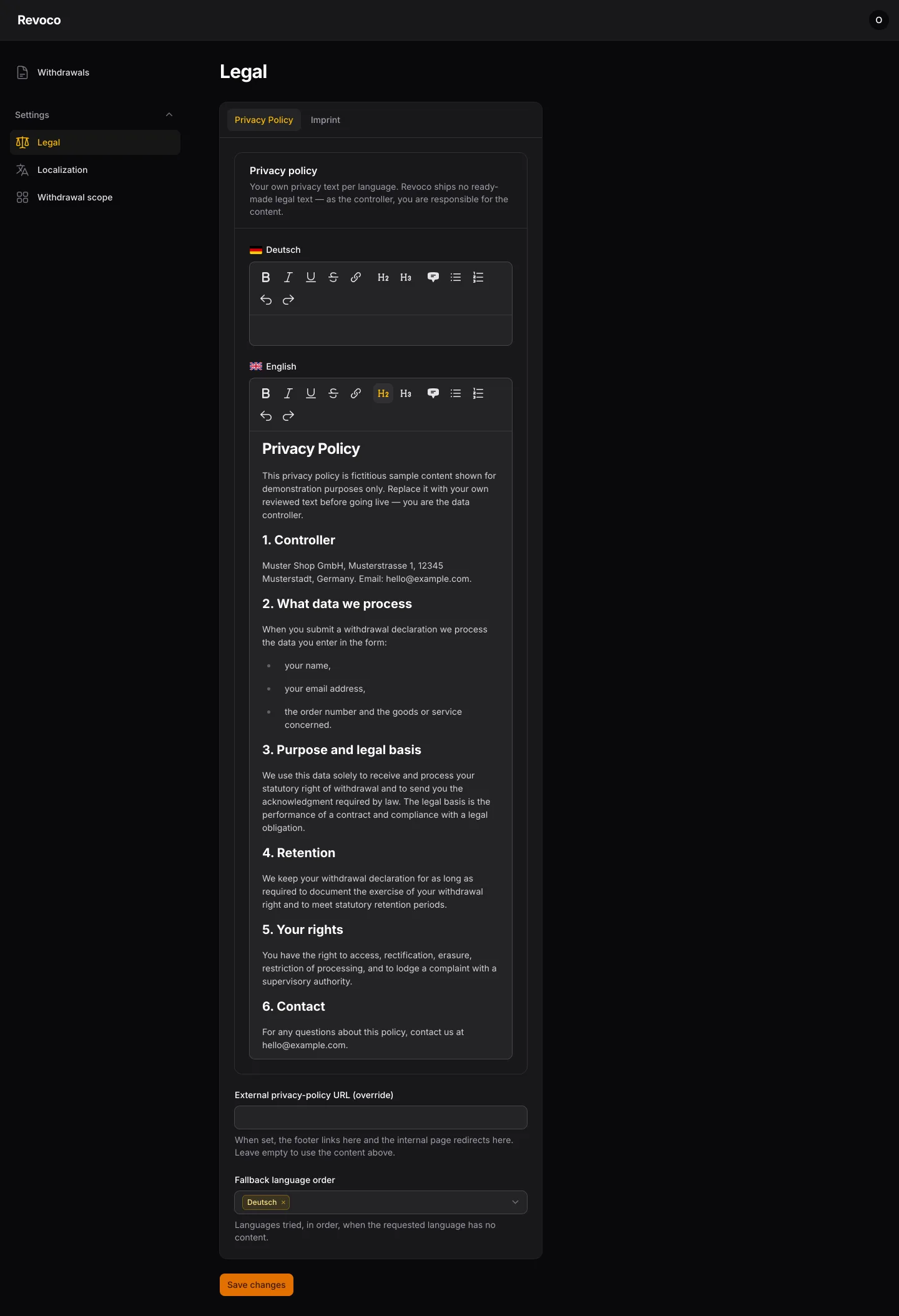 Legal settings page in the operator panel, populated with imported imprint and privacy fields
