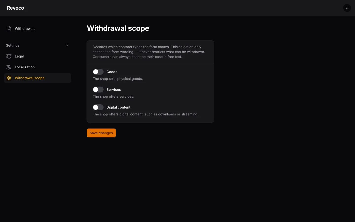 Operator panel: withdrawal scope settings page with display-only toggles