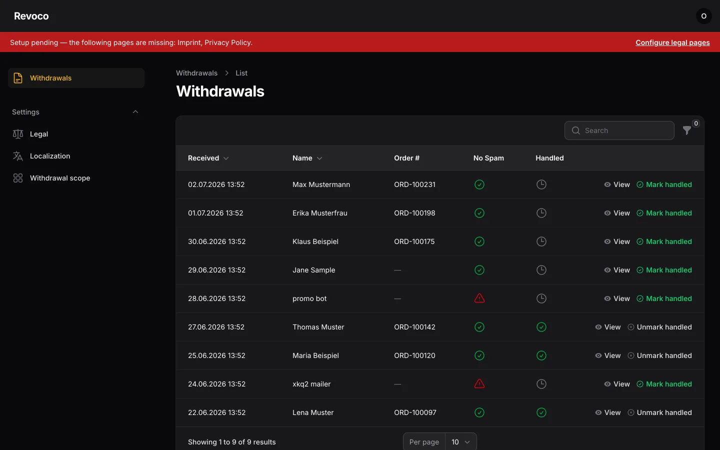 Operator panel showing a setup-pending warning banner listing the missing legal content