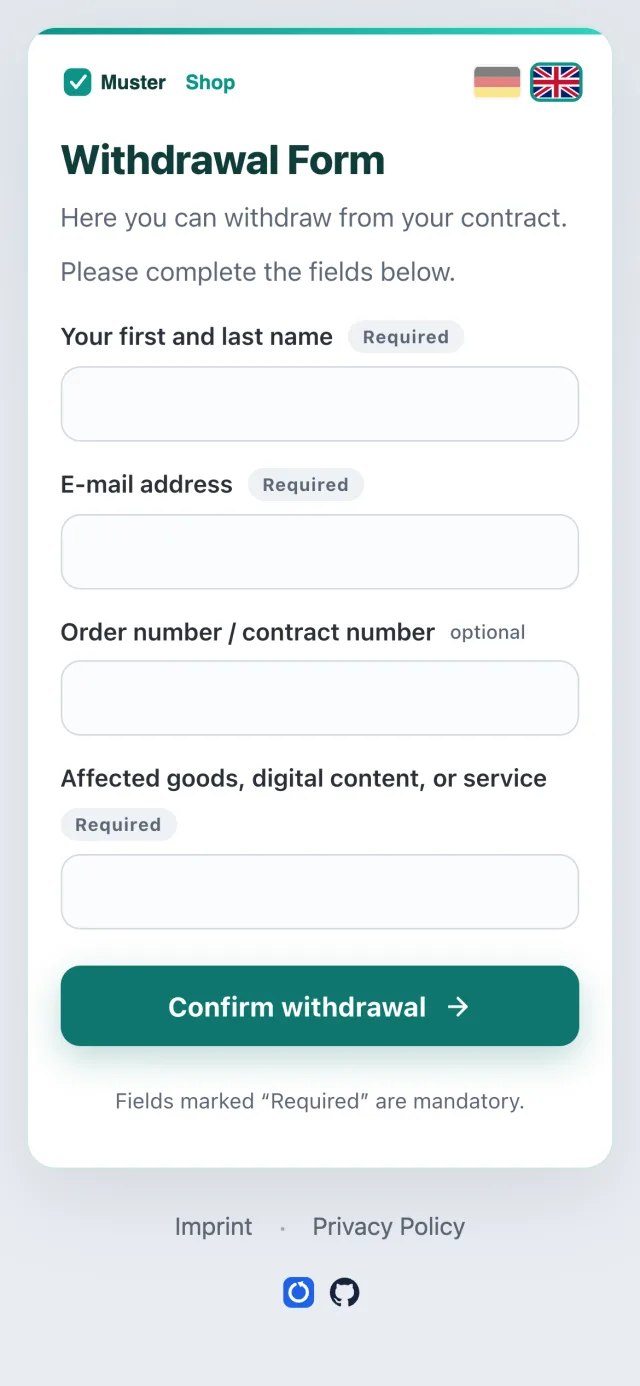 The same form on a phone, restyled in a merchant's teal brand theme with logo