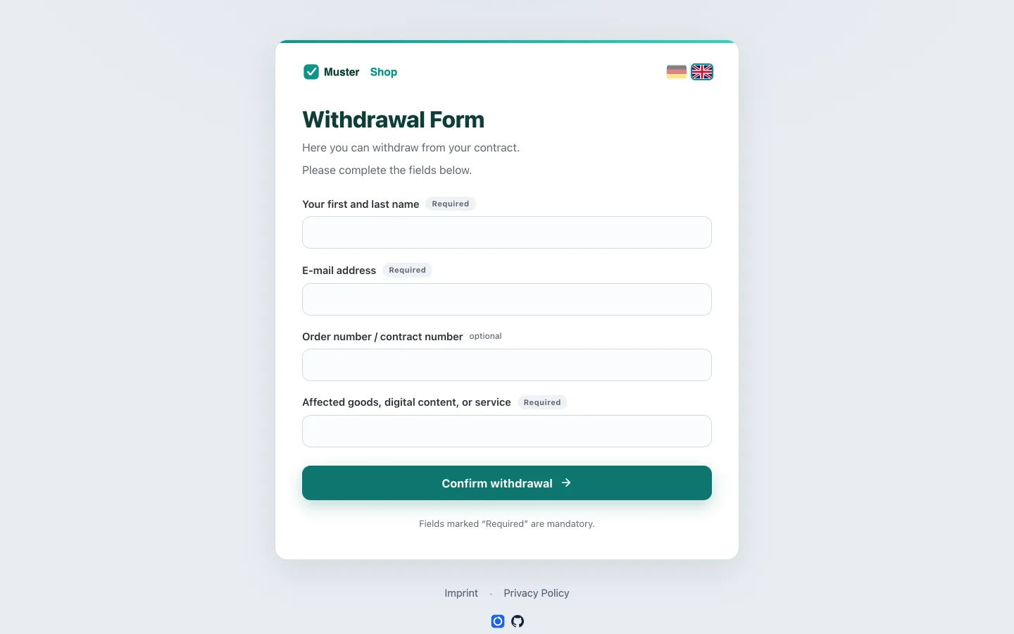 The same withdrawal form with a teal merchant brand theme and shop logo