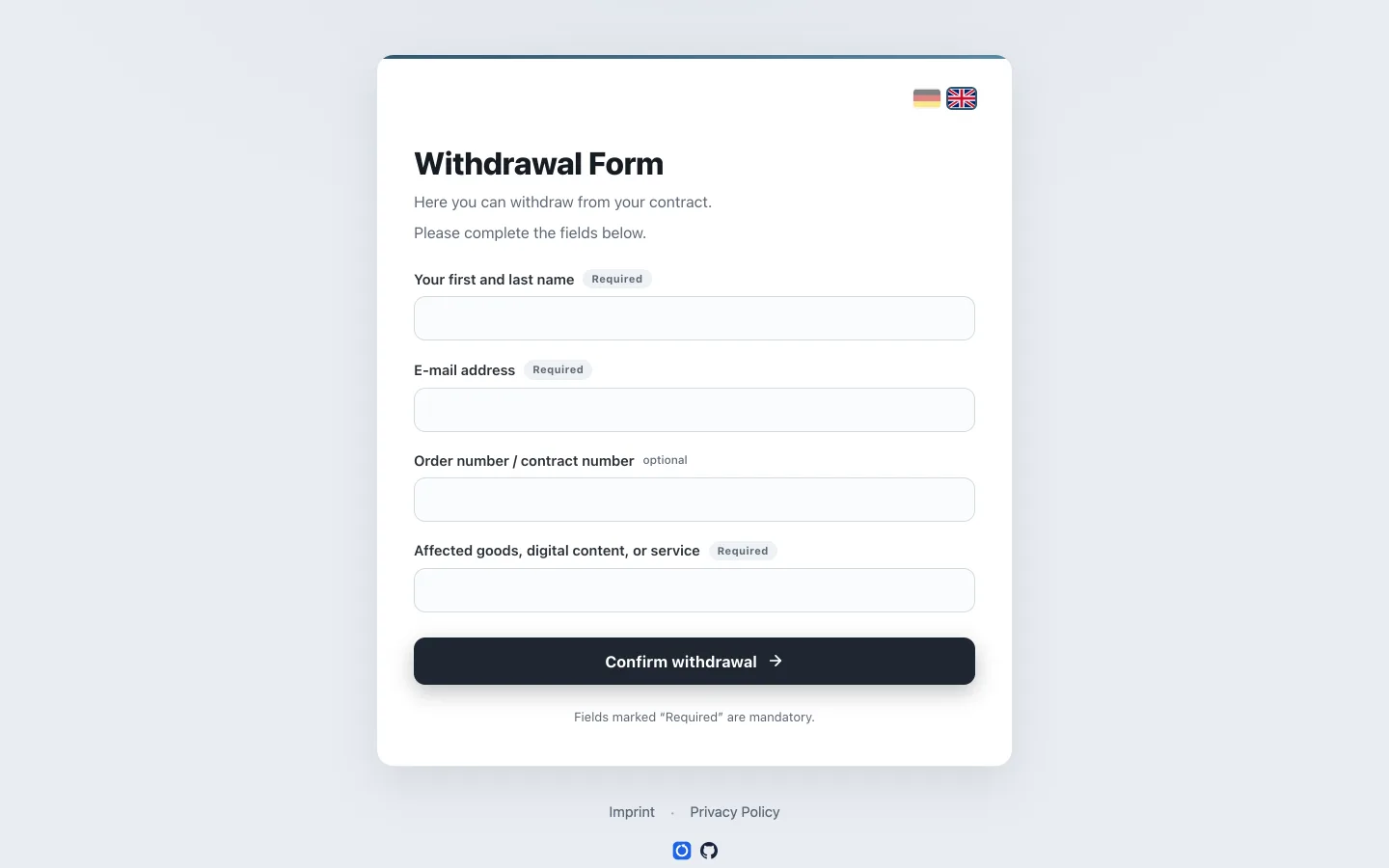The Revoco withdrawal form in its neutral default theme: name, e-mail, order number and description fields, with a 'Confirm withdrawal' button