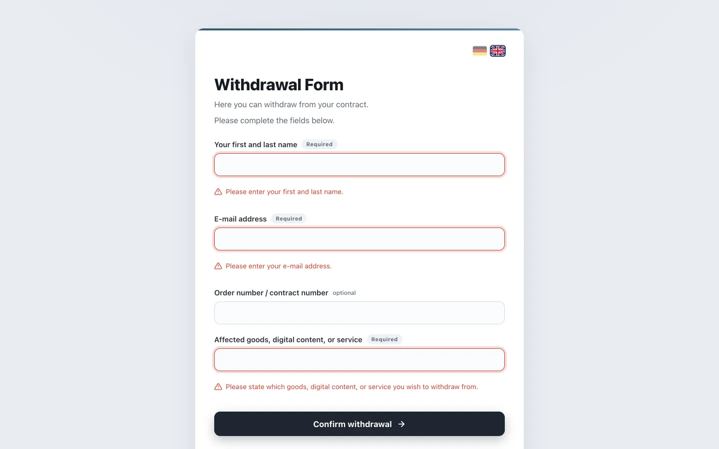 Withdrawal form showing inline validation messages under the empty required fields