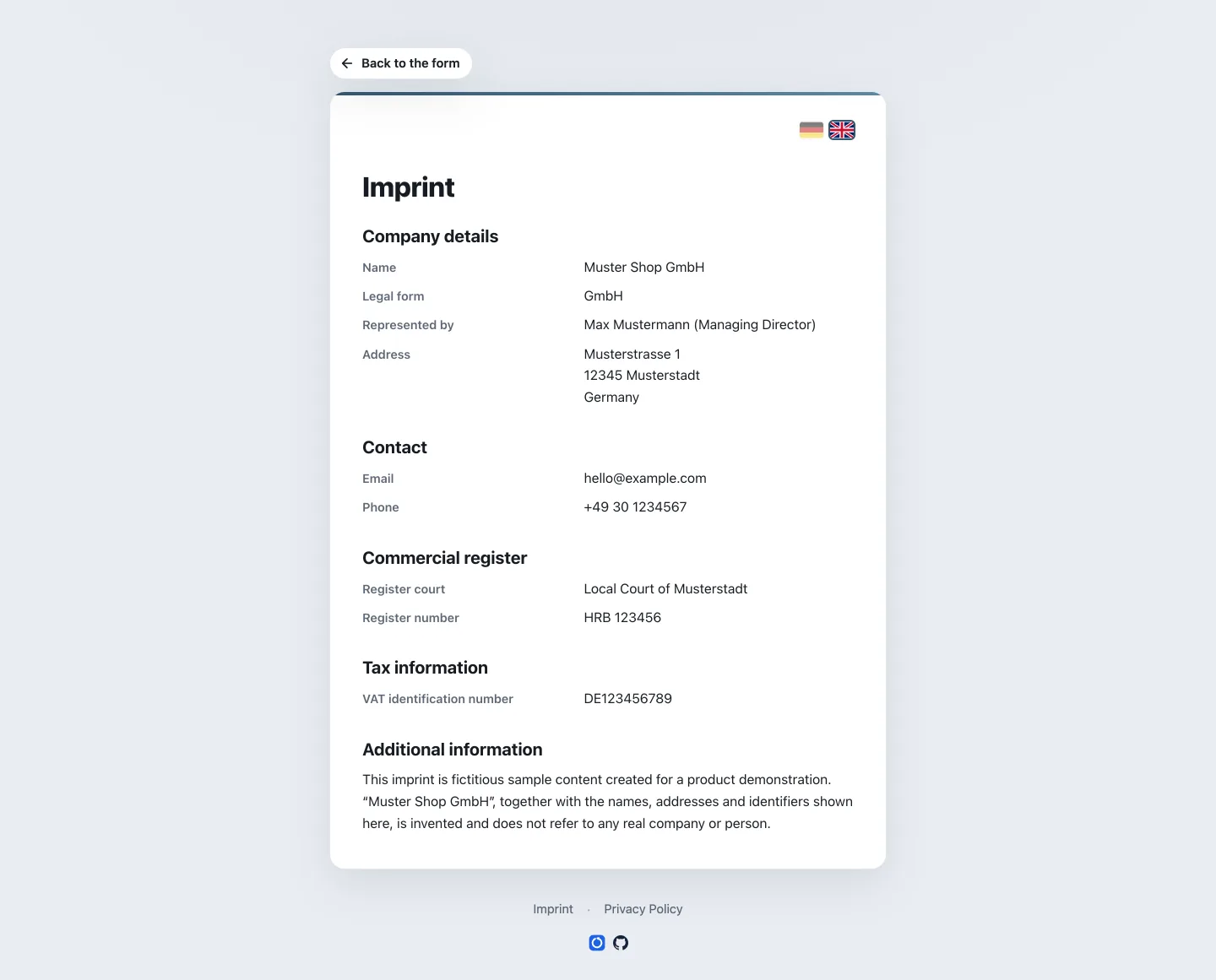 Rendered imprint page of the demo shop with provider, contact and register details