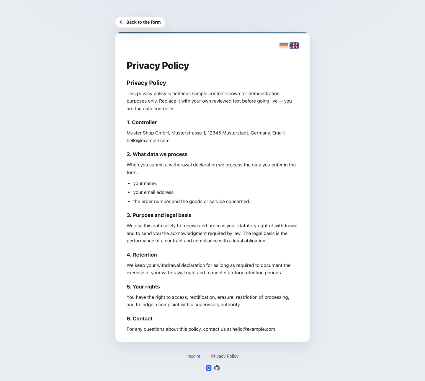 Rendered privacy-policy page of the demo shop