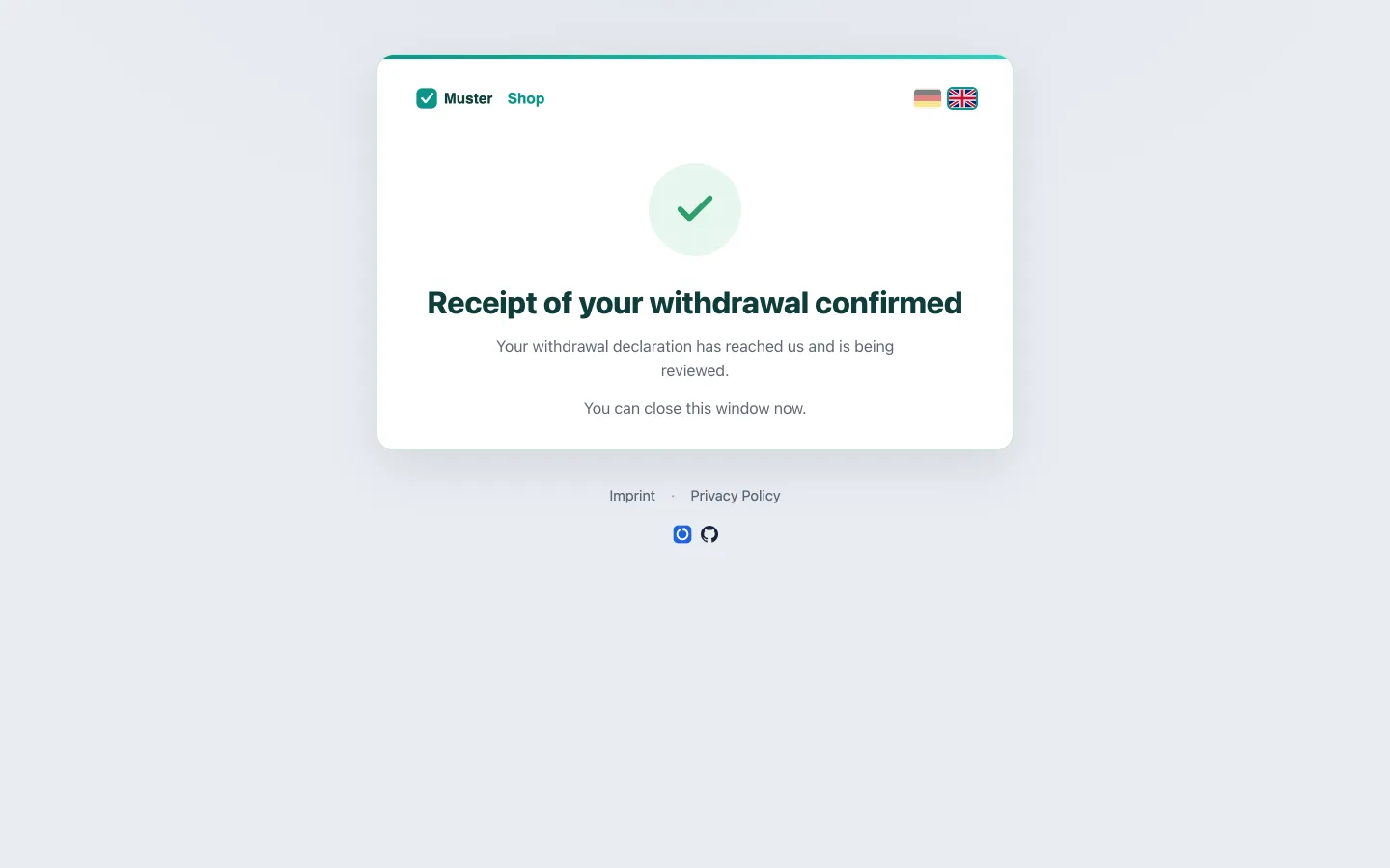 Confirmation page after a successful submission, in the merchant brand theme